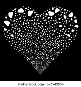 Cloud fireworks with heart shape. Vector illustration style is flat white iconic symbols on a black background. Object love heart created from scattered symbols.
