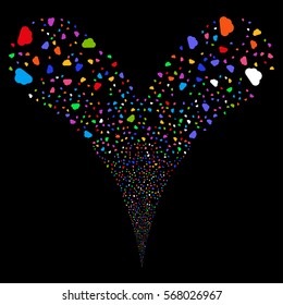 Cloud fireworks stream. Vector illustration style is flat bright multicolored iconic symbols on a black background. Object double fountain combined from random symbols.