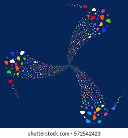 Cloud fireworks swirl rotation. Vector illustration style is flat bright multicolored iconic symbols on a blue background. Object whirl created from random pictograms.