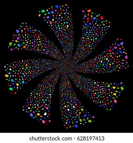 Cloud fireworks swirl rotation. Vector illustration style is flat bright multicolored iconic symbols on a black background. Object whirl organized from random icons.
