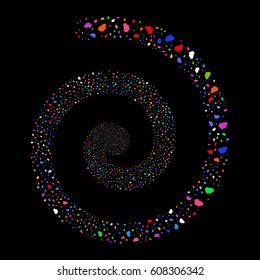 Cloud fireworks swirling spiral. Vector illustration style is flat bright multicolored scattered symbols. Object whirl organized from random design elements.