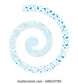 Cloud fireworks vortex spiral. Vector illustration style is flat blue scattered symbols. Object whirl created from scattered design elements.