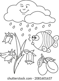  Cloud, fish, flowers, plum. Coloring page outline of the cartoon game. Colorful vector illustration of educational game for preschool children, summer coloring book for kids. 