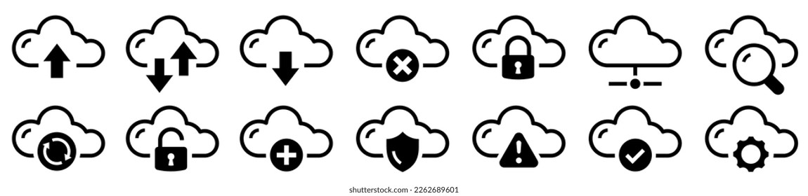 Cloud-Flachsymbol. Laden Sie Cloud hoch und laden Sie sie herunter. Cloud-Service und netzbezogen. Wolken mit Pfeilen hoch und runter und mehr. Vektorgrafik