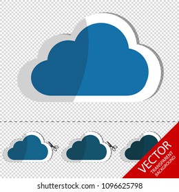 Cloud Flat Sticker Icon With Scissor And Cut Line - Vector Illustration - Isolated On Transparent Background