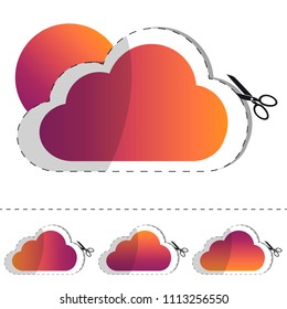 Cloud Flat Sticker Icon With Scissor And Cut Line - Retro Hipster Vector Illustration - Isolated On White Background