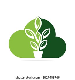 Diseño de la ilustración de vectores de maceta de flores en la nube y de pota en la planta. Green Tree Pot on Cloud Logo Design.