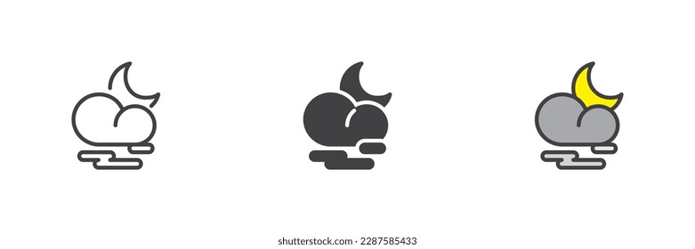 Cloud Neg und Mond verschiedene Stil Symbol Set. Linie, Glyph und gefüllte Umrissversion, Umriss und ausgefülltes Vektorzeichen. Nachtwettersymbol, Logo-Abbildung. Vektorgrafik