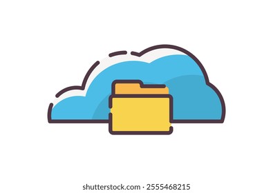 Cloud folder storage icon illustration. Flat line color icon of a yellow folder in a blue cloud symbolizing cloud storage. Colored outline icon.