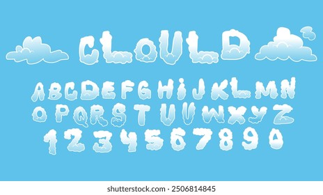 Fuente de la nube. ABC de nubes blancas en el cielo azul. letras y números de remolino. Ilustración vectorial.