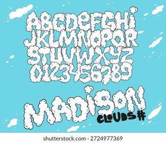 Alfabeto de fonte de nuvem definido com letras de nuvem macia e números no vetor de fundo azul céu.