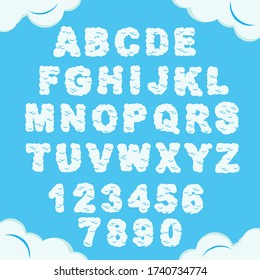 Cloud font. Sky Alphabet. Cloudy Chubby letters and numbers. Heaven fluffy typeface. Vector