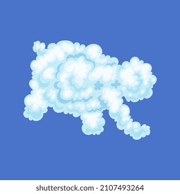 Cloud in form funny elephant on blue background. Fluffy cloudscape in shape animal flying on sky. Design element for kids. Flat cartoon vector isolated illustration.
