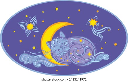 A cloud in the form of a kitten sleeping in a month can be used for baby bedding and so on.