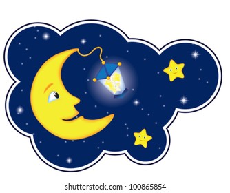 cloud frame as cartoon moonlit night with smiling moon and stars, stars into the lamp
