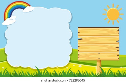 Cloud frame and wooden board in garden illustration
