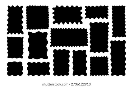 Cloud frames. Cloudy rectangle photo wiggly borders set, wavy silhouettes and scalloped edges for squiggly label sticker templates, geometric vintage mockups. Isolated vector retro badges.