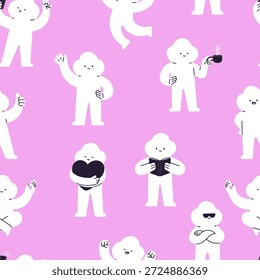 Cloud funny characters. White fluffy creatures smile, say hello, drink coffee or tea, hug heart and reading book. Creative seamless pattern, vector background