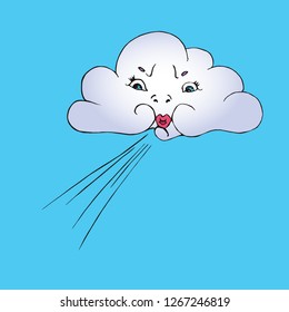 Cloud with funny face blowing wind from it`s lips, hand drawn doodle, sketch isolated on bright blue vector illustration
