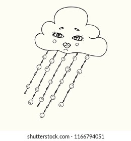 Cloud with funny face and falling frozen hail , hand drawn doodle, sketch isolated vector outline black and white illustration