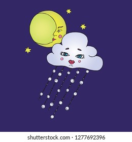 Cloud with funny face and falling frozen hail and moon with stars , hand drawn doodle, sketch isolated vector colorful illustration