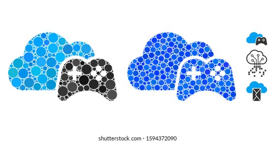 Cloud game controller composition of circle elements in various sizes and color tones, based on cloud game controller icon. Vector random circles are combined into blue composition.