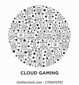 Cloud gaming concept in circle with thin line icons: play on laptop, 120 FPS, low-latency gameplay, gamepad, wi-fi, instant installation, live streaming, 5G technology. Vector illustration.