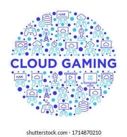 Cloud gaming concept in circle with thin line icons: play on laptop, 120 FPS, low-latency gameplay, gamepad, wi-fi, live streaming, game controller, 5G technology. Vector illustration.