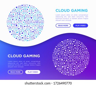 Cloud gaming concept in circle with thin line icons: play on laptop, 120 FPS, low-latency gameplay, gamepad, wi-fi, instant installation, live streaming, 5G technology. Vector illustration.