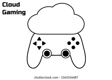 Cloud gaming concept. Modern gamepad. Connection to the cloud service. Future of mobile, pc, tablet, console games. Black flat simple sign or icon. White background. Vector EPS10 illustration.