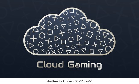 Cloud gaming concept, modern technologies. Vector illustration of a cloud on the background of an abstract gamepad made of various game elements. Design template for web banners, sites.