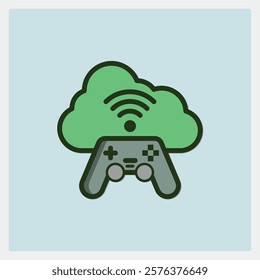 Cloud gaming icon with green cloud and gray controller and wifi signal on light blue background