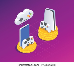 Cloud gaming isometric composition with console and joystick symbols vector illustration