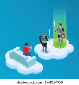 Cloud gaming isometric concept with adventure and battle symbols vector illustration