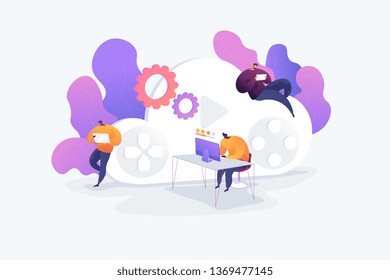 Cloud gaming and gaming on demand, video and file streaming, various devices gaming concept. Vector isolated concept illustration with tiny people and floral elements. Hero image for website.