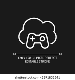 Cloud gaming pixel perfect white linear icon for dark theme. Play video games on virtual server. Amusement technology. Thin line illustration. Isolated symbol for night mode. Editable stroke