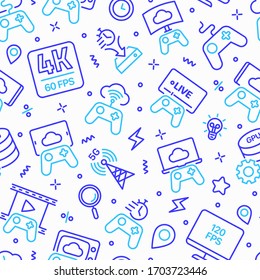 Cloud gaming seamless pattern with thin line icons: play on laptop, 120 FPS, low-latency gameplay, gamepad, wi-fi, instant installation, live streaming, game controller, 5G. Vector illustration.