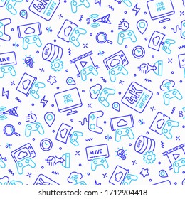 Cloud gaming seamless pattern with thin line icons: play on laptop, 120 FPS, low-latency gameplay, gamepad, wi-fi, live streaming, game controller, 5G technology. Vector illustration.