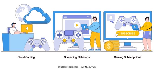 Cloud Gaming, Streaming Platform, Gaming Subscription Concept with Character. Gaming on Demand Abstract Vector Illustration Set. Accessibility, Endless Gaming Library Metaphor.