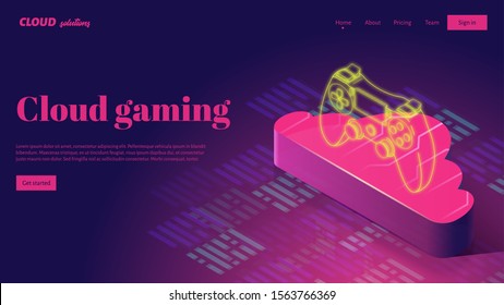 Cloud gaming streaming service landing page header concept. Isometric 3d cloud and neon game controller vector illustration.