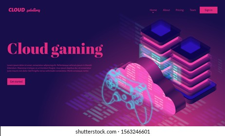 Cloud gaming streaming service. Cloud server and neon game controller vector illustration. Landing page header concept. Isometric 3d vector illustration