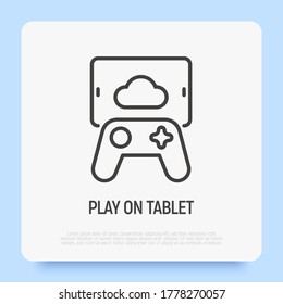 Icono de línea delgada de juegos en la nube. Gamepad está conectado con la nube. Ilustración vectorial.