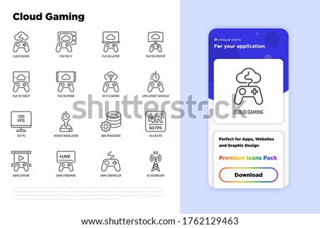 Cloud gaming thin line icons set: play on laptop, 120 FPS, low-latency gameplay, gamepad, wi-fi, instant installation, live streaming, game controller, 5G technology. Vector illustration.