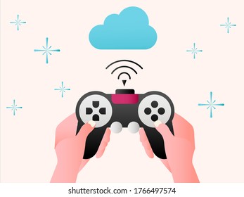 Cloud gaming vector concept: unidentified hands playing the joystick below the blue cloud icon