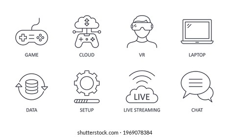 Cloud gaming vector icons. Editable stroke. Games cloud server laptop data download setup console live streaming chat vr. Line symbols set