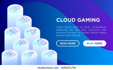 Cloud gaming web page template with thin line isometric icons: play on laptop, 120 FPS, low-latency gameplay, gamepad, wi-fi,  live streaming, game controller, 5G technology. Vector illustration.
