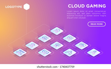 Cloud gaming web page template with thin line isometric icons: play on laptop, 120 FPS, low-latency gameplay, gamepad, wi-fi, live streaming, game controller, 5G technology. Vector illustration.