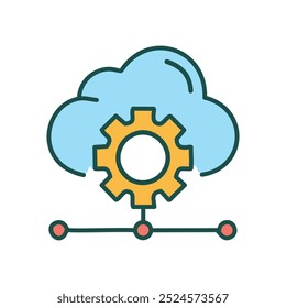 Rede de engrenagens em nuvem. Ilustração de uma engrenagem conectada a uma rede, simbolizando a computação em nuvem e a automação.