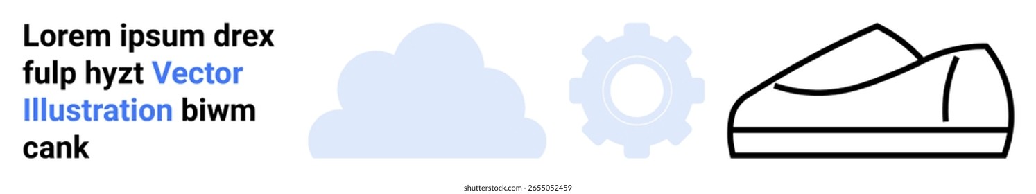 Nuvem, engrenagem e objetos de sapato em estilo de linha minimalista. Texto do espaço reservado em preto e azul. Ideal para tecnologia, moda, computação em nuvem, software, mecânica, engenharia, design de produtos. Aterrissagem