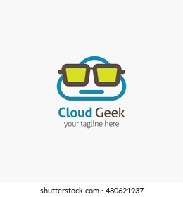 Cloud Geek logo design template with face in glasses. Vector illustration.